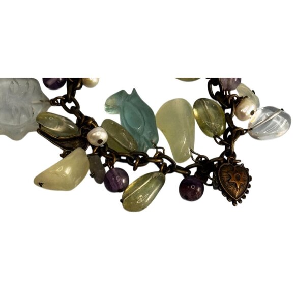 Artisan Charm Bracelet Quartz & Glass Beads Sun Heart Penguin Angel 7" - Picture 4 of 6